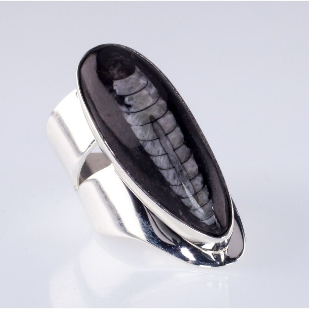 Orthoceras Fossil Sterling Silver Long Sculptural Ring Size 7.25 - Picture 1 of 6